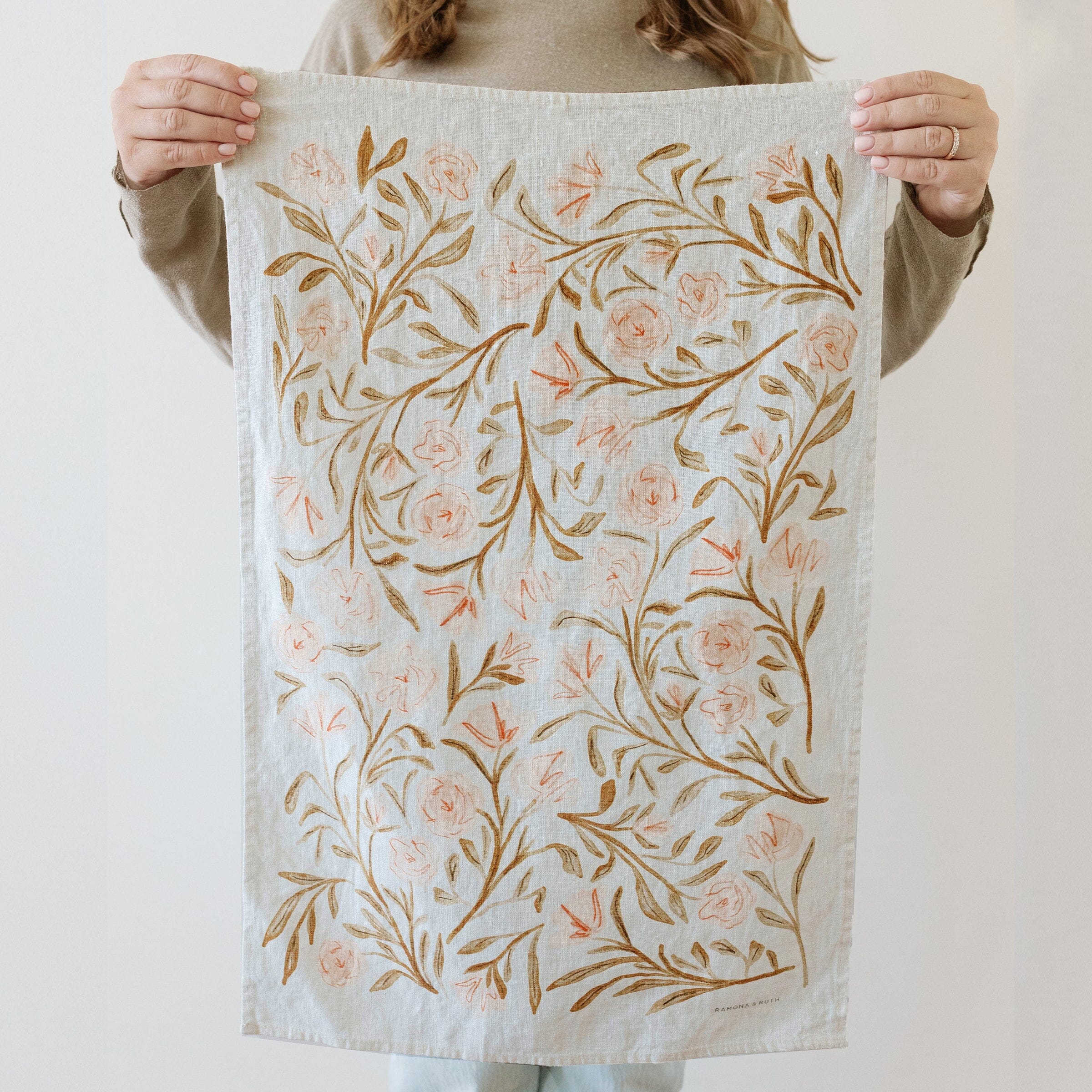 Pink Floral Linen Tea Towel - Ramona & Ruth 